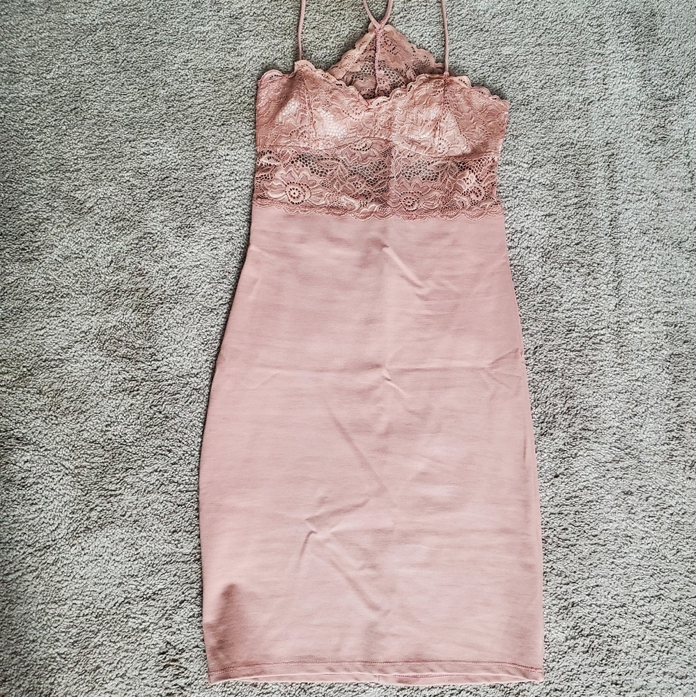 Charlotte Russe Pink Bodycon Dress with Lace Detail, size L